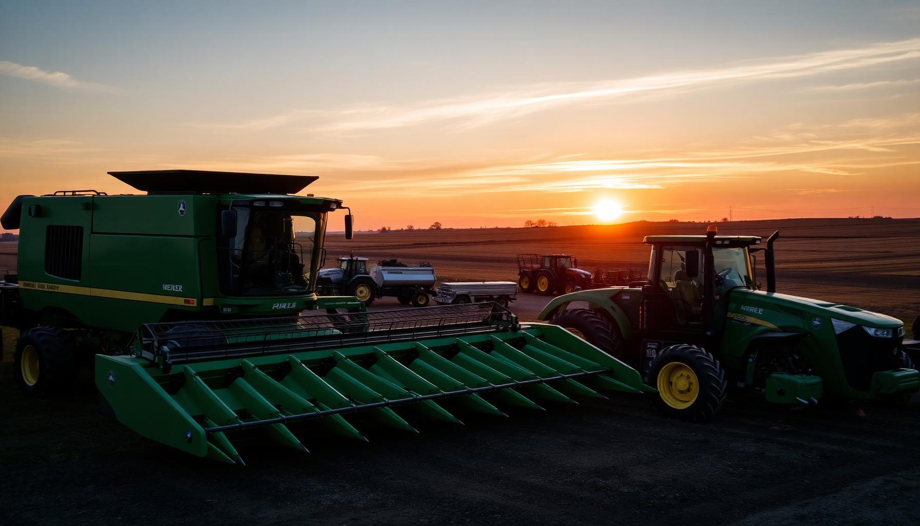 Agricultural equipment at LUPFER EQUIPMENT LLC yard at sunset